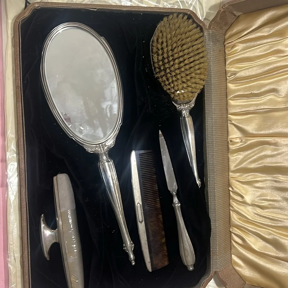 Elegant Silver Vanity Set with Case